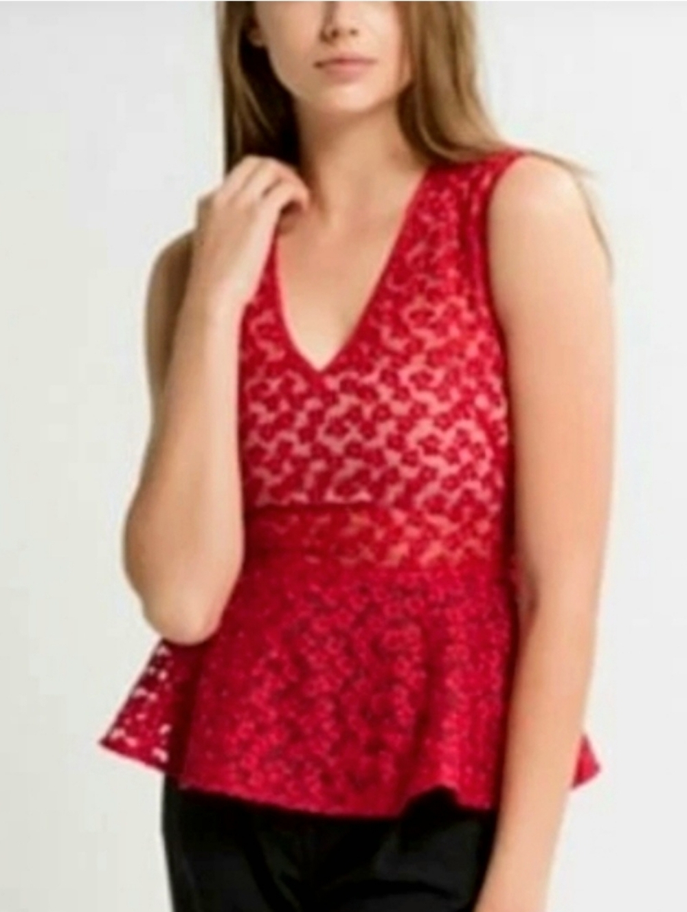 Maje Red Lace Peplum Sleeveless Blouse, 0/XS, Elegant Evening, French Romantic